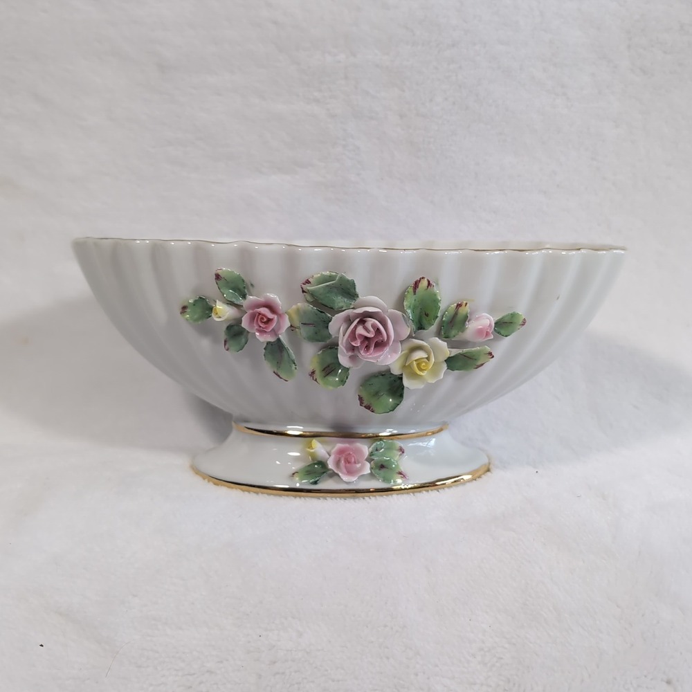 Vtg‎ Lefton Footed Candy Bowl Scallop Hand Painted Applied Roses Gold Trim Japan